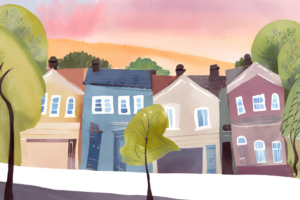 Cartoon image of houses and trees along a street